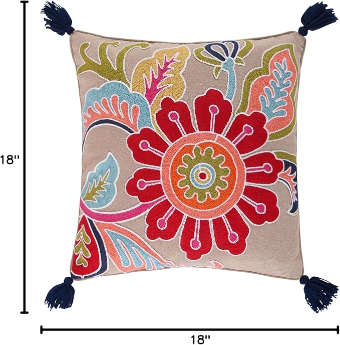 Levtex Home - Jules - Decorative Pillow (18x18 in.) - Crewel Flower - Orange, Yellow, Blue, Red, Teal