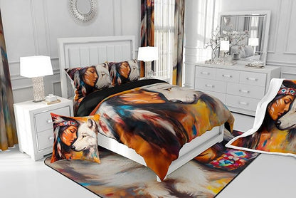 Erosebridal Hunting Wolf Full Bedding Set,Indian Woman and Wolf Comforter Set for Kids Adults Bedroom Decor,Exotic Ethnic Aztec Quilt Set Wildlife Bedding Comforter Sets,2 Pillowcases