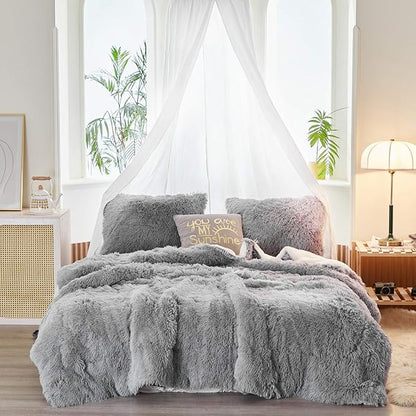 Joyreap 3-Piece Plush Shaggy Comforter Set, King Size Luxury Faux Fur Sherpa Reversible Bedding Comforter Set, Ultra Cozy Warm Fluffy Bedding Set for Winter (Light Gray, 100x88 inches)
