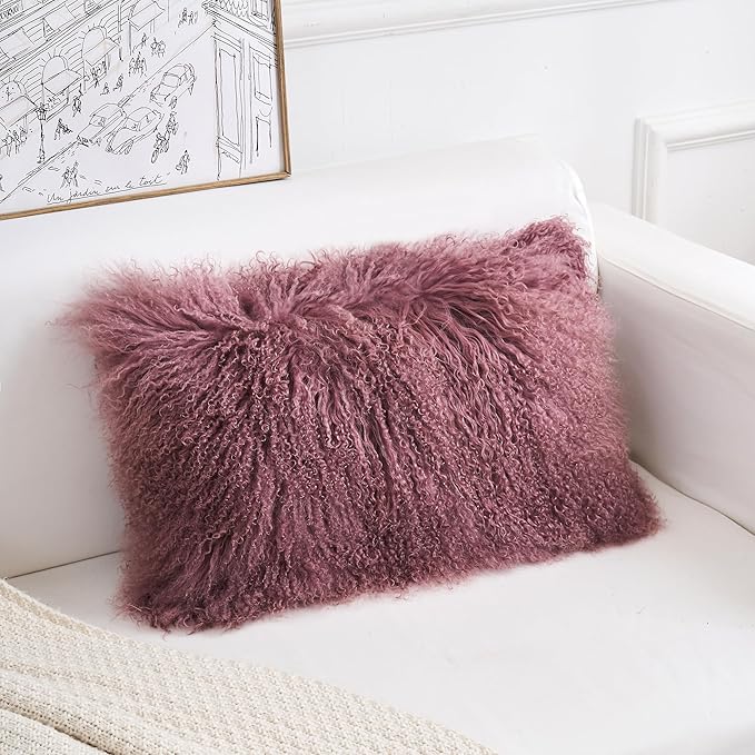 Genuine Mongolian Lamb Fur Pillow Cover – 12"x20" Rectangular Cushion Case – Soft Curly Wool Decorative Accent for Sofa, Bed, or Chair (Rose Taupe)