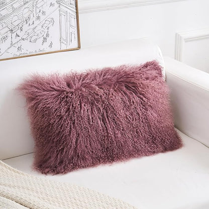 Genuine Mongolian Lamb Fur Pillow Cover – 12"x20" Rectangular Cushion Case – Soft Curly Wool Decorative Accent for Sofa, Bed, or Chair (Rose Taupe)