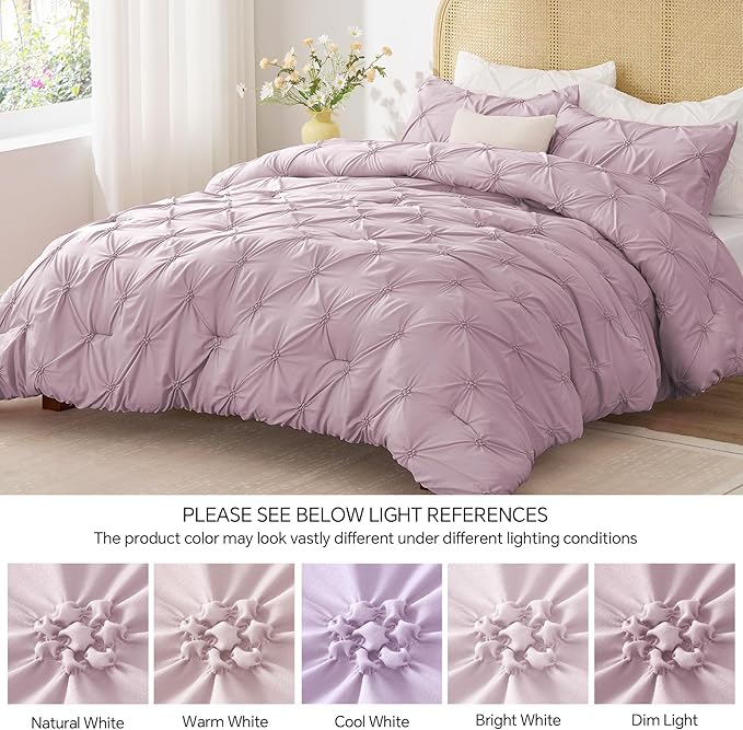 BEDELITE Light Purple Twin Comforter Set - 2 Peices Boho Pintuck Bedding Comforter Sets, Lightweight Soft & Warm Twin Bedding Sets with 1 Pillowcase for All Season