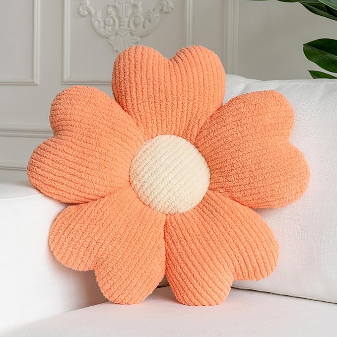 Sioloc Flower Shaped Throw Pillow, Fun Daisy Pillow, 25.6" Light Orange Cute Decorative Seat Cushion Aesthetic Flower Plush Pillows for Bed Floor Couch Chair