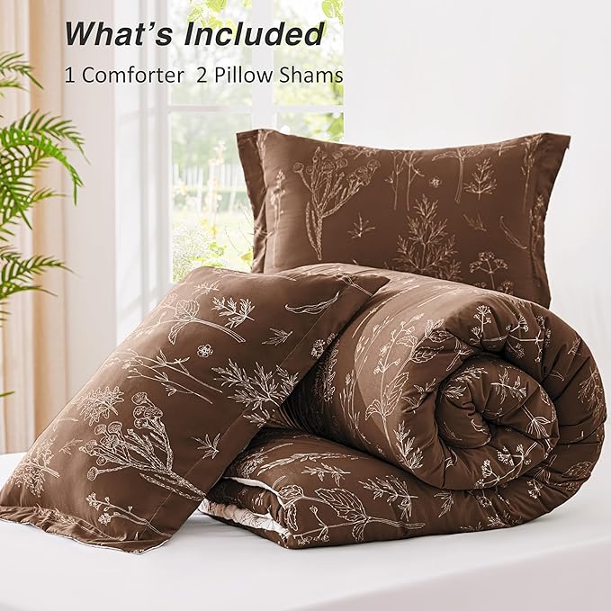 Love's cabin Chocolate Full Comforter Set - Full Size Comforter Set, 3 Pieces Cute Floral Bedding Sets for All Seasons,1 Soft Reversible Botanical Flowers Comforter and 2 Pillow Shams