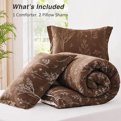 Love's cabin Chocolate Comforter Set Queen - Queen Size Comforter Set, 3 Pieces Cute Floral Bedding Sets for All Seasons,1 Soft Reversible Botanical Flowers Comforter and 2 Pillow Shams