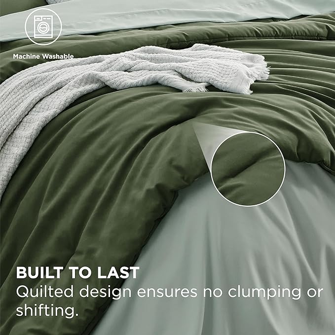 Bedsure Twin Comforter Set - 5 Pieces Olive Green Twin Bedding Set for All Seasons, Boho Contrasting Design Bed in a Bag with Comforter, Sheets, Pillowcase & Sham