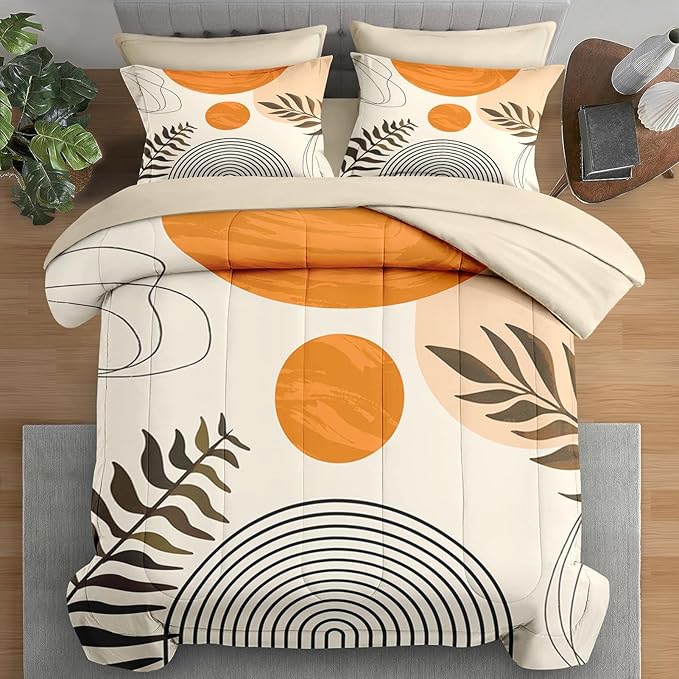 Comforter Set King Size, Mid Century Boho Orange 7 Pcs Bedding for Kids and Adults, Geometric Bed Sheet Sets with Fitted Sheet 2 Pillowcases & 2 Shams for Bedroom Bed Decor