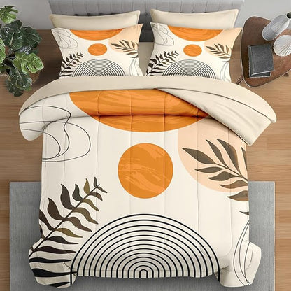 Comforter Set King Size, Mid Century Boho Orange 7 Pcs Bedding for Kids and Adults, Geometric Bed Sheet Sets with Fitted Sheet 2 Pillowcases & 2 Shams for Bedroom Bed Decor