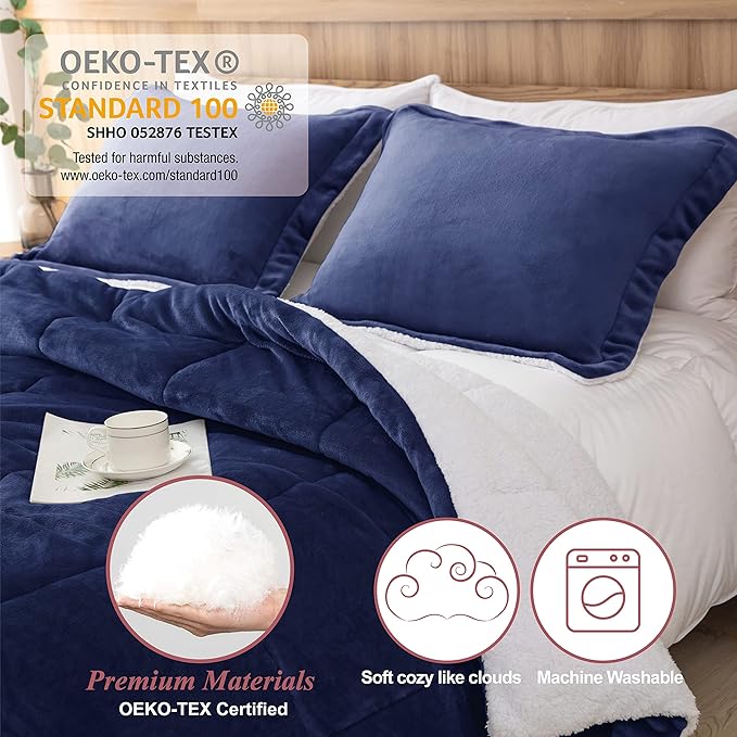 Seward Park Navy Blue Sherpa Comforter Set Full Queen Size, All Season Soft Warm Fleece Fall Blanket, Winter Bedding Sets with 2 Pillow Shams