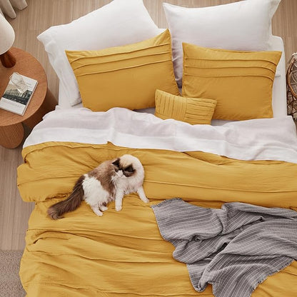 Bedsure California King Comforter Set - 4 Pieces Pinch Pleat Bed Set, Mustard Yellow Boho Bedding for All Season, 1 Soft Comforter, 2 Pillowcases, 1 Decorative Pillow