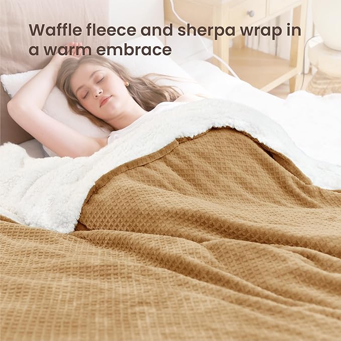 Heated Blanket Electric Blanket Full Waffle,72x84 Inches Sherpa Fleece Fast Heating Blanket 6 Heating Levels & 10 Hours Auto Off ETL Certification, Caramel Full