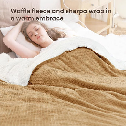 Heated Blanket Electric Blanket Full Waffle,72x84 Inches Sherpa Fleece Fast Heating Blanket 6 Heating Levels & 10 Hours Auto Off ETL Certification, Caramel Full