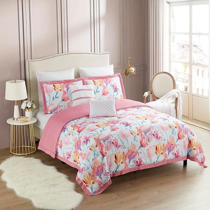 King Size Comforter Set 7 Piece Ultra Soft Fashion Printed Bedding Sets with Shams, Decorative Throw Pillows, and Pillowcases, King, Melrose