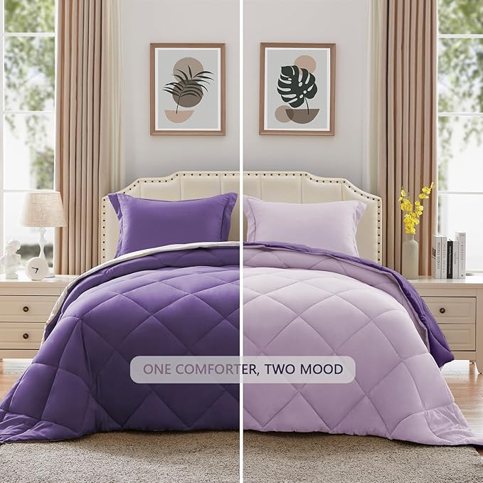 NexHome Queen Comforter Set Purple&Light Purple,3 Pieces Lightweight Comforters Queen Size Reversible Bedding Comforters Sets,Down Alternative Comforter Bed Set Quilt Blanket