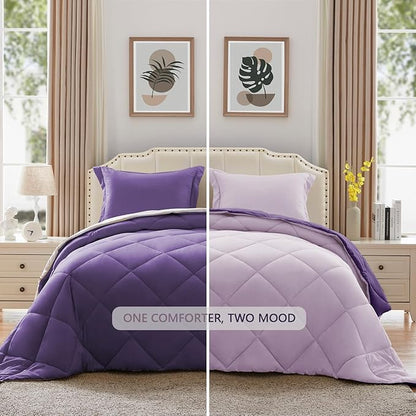 NexHome Queen Comforter Set Purple&Light Purple,3 Pieces Lightweight Comforters Queen Size Reversible Bedding Comforters Sets,Down Alternative Comforter Bed Set Quilt Blanket