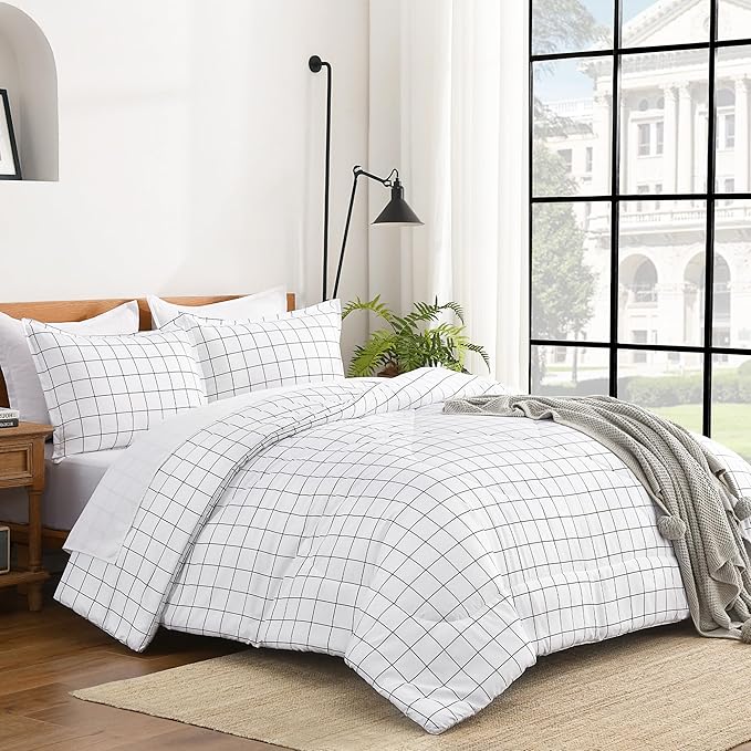 Andency King Size Comforter Set White Gingham, Plaid Grid Checkered Bedding Comforter Set for King Size Bed, 3 Pieces Lightweight Reversible Modern Geometric Bedding Set(104x90 Inch)