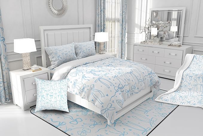 Cute Blue Bowknot Comforter Set King Size,Cartoon Hand Drawn Stars Love Bow Bedding Set,Kids Girls Sweet Princess Style Quilt Set for Teens Woman Room Decor,Modern Romantic Duvet Insert 3Pcs