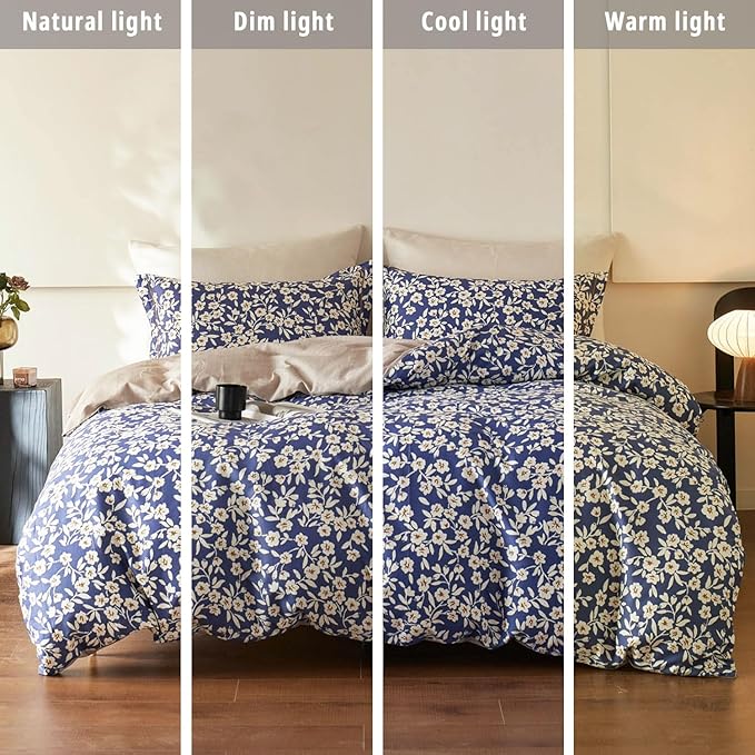 Navy Floral Cotton Comforter Queen Size 3PC - Elegant White Flowers Pattern on Blue，Taupe Back, Lightweight Bedding Sets with Ultra-Soft Alternative Fill, (1 Comforter, 2 Pillowshams)
