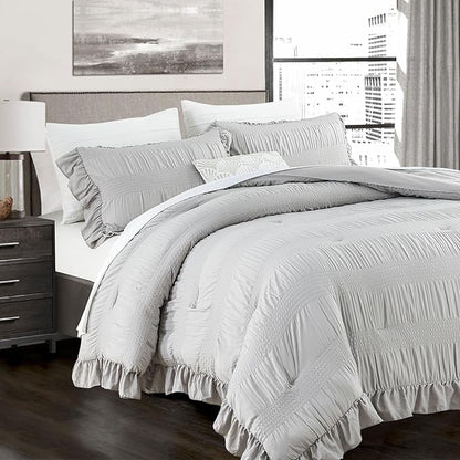 Gray Twin Comforter Set, Seersucker Vintage Comforter Ultra-Soft Light Grey Bedding Set Twin/Twin XL Size 3 Piece Set, Down Alternative Light Weight Comforter Set (Grey,Twin 68"x90")