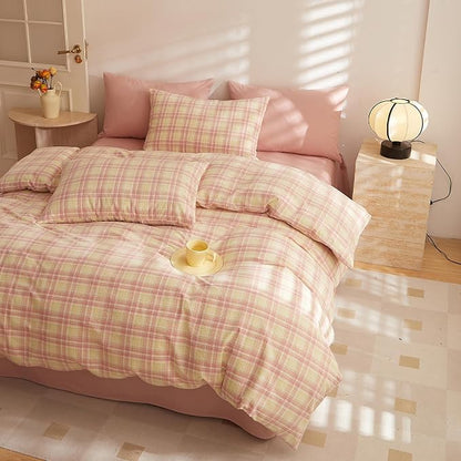 HighBuy Full Comforter Set Blush Pink Gingham Bedding Set Plaid Comforter Set Men Boys Geometric Checkered Plaid Printed Bedding Comforter Soft Fluffy Bedding Set,Fluffy Comforter Full Size