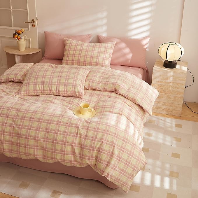 HighBuy Blush Pink Gingham Comforter Twin XL Size Fluffy Plaid Checkered Pattern Comforter with 2 Pillowcases for Teen Girls Geometric Grid Printed Gingham Bedding Comforter Set Luxury Soft