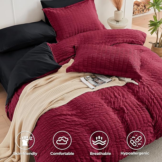 HYMOKEGE Red & Black Twin Comforter Set Seersucker 5 Pieces, All Season Luxury Bed in a Bag for Bedroom, Bedding Set with Comforters, Sheets, Pillowcase & Sham