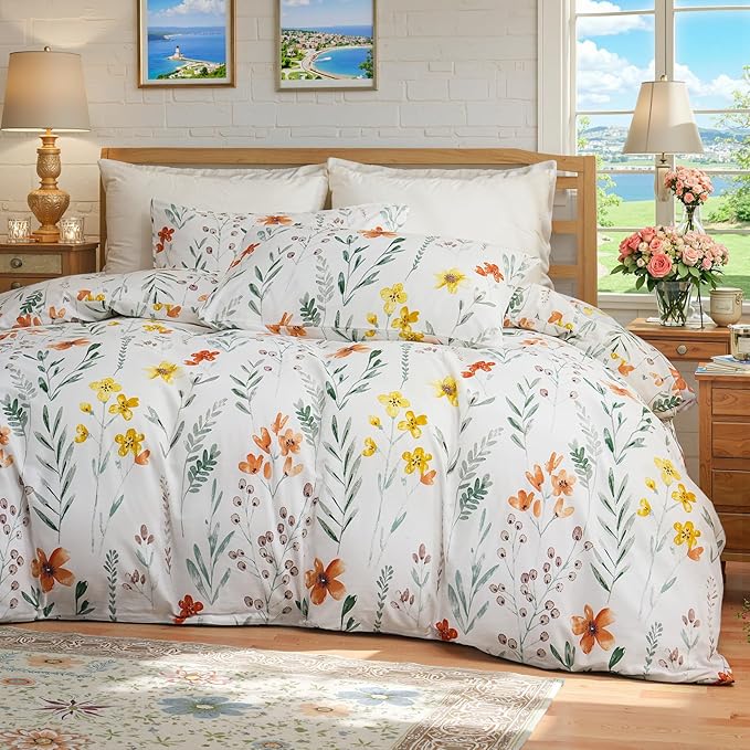 Floral Comforter Set Queen Size, 100% Nature Cotton 3 Pcs Garden Floral Aesthetic Bedding Set Ultra Soft&Breathable Cottagecore Botanical Comforter