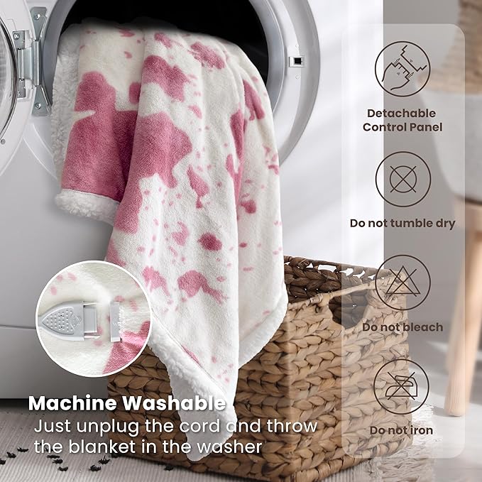 Cow Print Heated Throw Blanket Electric Blanket-Heating Blanket Throw with 10 Heat Levels & 10 Hours Auto-Off, Cozy Soft Fleece Sherpa, Washable, 50 x 60 Inches Cow Print Pink