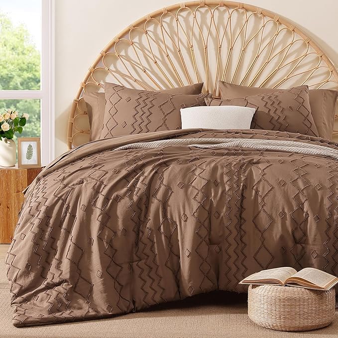 Queen Comforter Set Brown, Tufted Geometric Boho Bedding Farmhouse Bed Set, All Season 7 Pieces Bed in a Bag with Sheets, Pillowcases & Shams