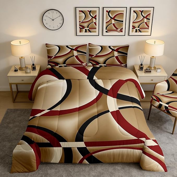 Castle Fairy Circle Geometric Comforter Set Red Brown Black Swirls Bedding Set for Kids Girls Women Adults Abstract Stripes Comforter Retro Style Quilted Duvet Set Bedroom Collection Twin Size 2Pcs