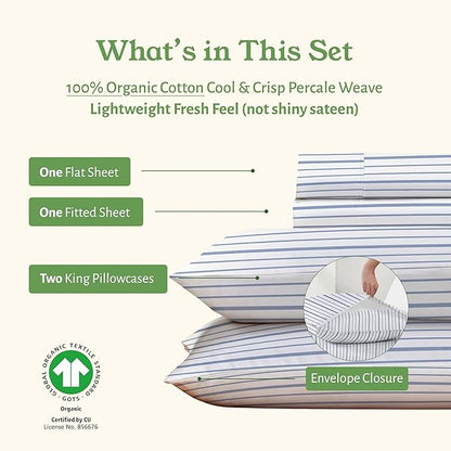 California Design Den King Bed Sheets Stripe, 100% Organic Cotton Percale Sheets, Deep Pocket King Sheets & Pillowcase Set - Blue Stripe
