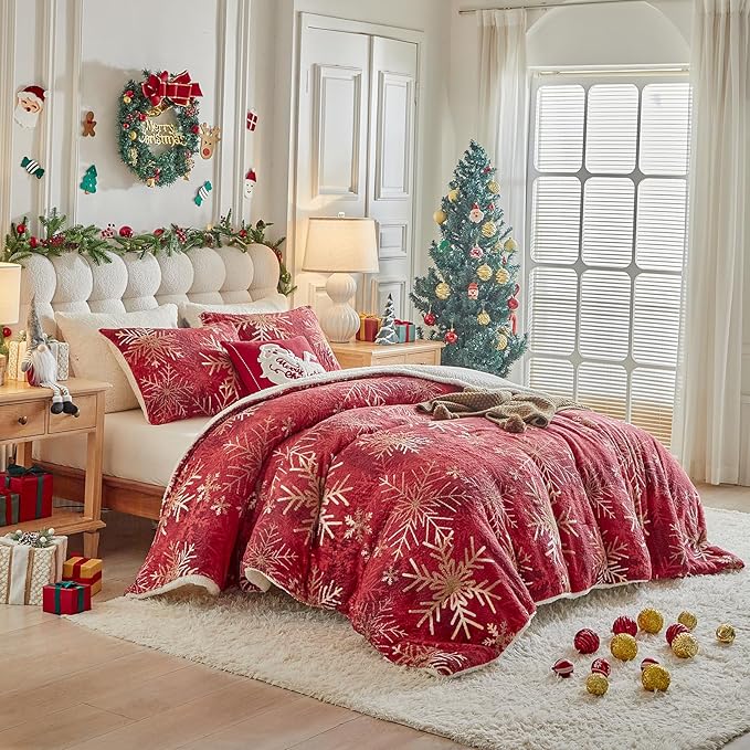 Christmas Sherpa Comforter Set Twin Size 3 Pieces Holiday Red Winter Bedding Microfiber Warm Fleece Comforter with 2 Pillow Shams - Thanksgiving New Year Gift Choice with Gradient Golden Snowflake