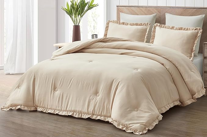 Chezmoi Collection Nora Light Sand Comforter Set Twin Size 2-Piece Lightweight Soft Stone-Washed Ruffled Shabby Chic Bedding for All Season