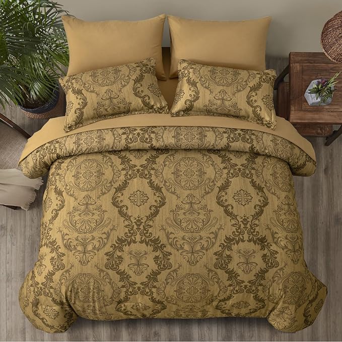 WONGS BEDDING Gold Comforter Set Queen Size, Damask Texture Design 7 Pieces Bed in a Bag Microfiber Comforter Bedding Sets -1 Comforter, 1 Flat Sheet, 1 Fitted Sheet, 2 Pillow Shams, 2 Pillowcases