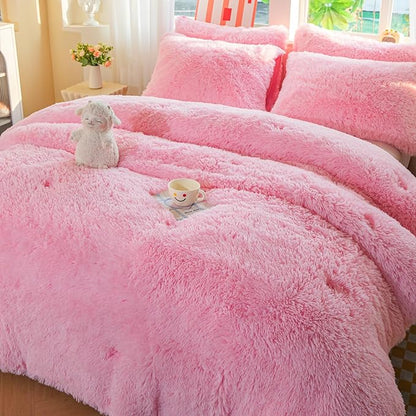 chovy Faux Fur Plush Light Pink Comforter Sets King - Ultra Soft Shaggy Flannel Velvet Fluffy Fuzzy 3PC Bedding Set （Comforter x 1 Pillowcases x 2）