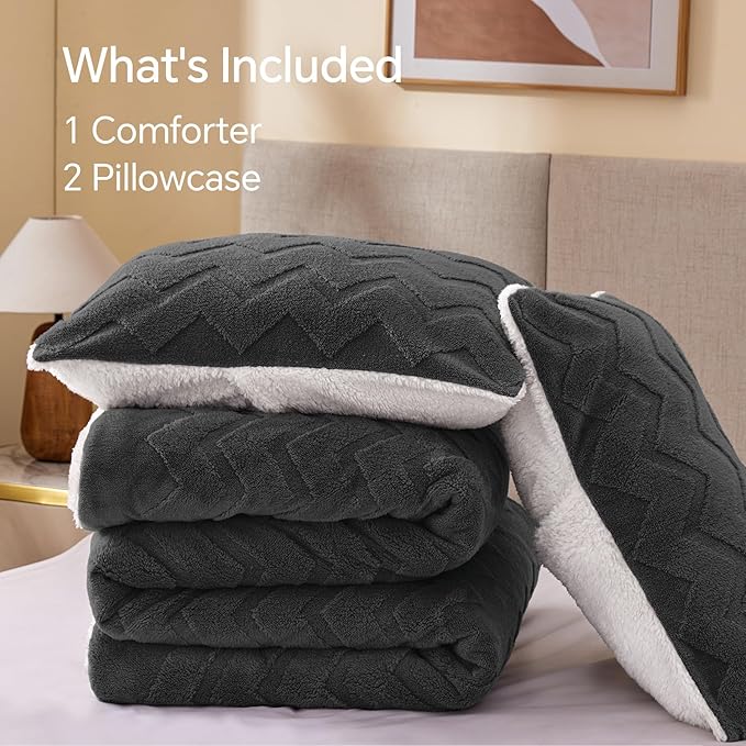 BEDELITE Fluffy Queen Comforter Set - Super Soft Sherpa Charcoal Comforter for Queen Size Bed, Luxury Warm Bedding Set for Winter, Fuzzy Bed Set 3 Pieces (1 Comforter, 2 Pillowcases)