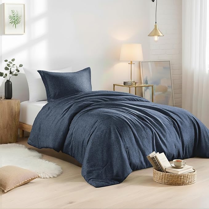 Twin/Twin XL Size Comforter Set, Lightweight Navy Soft Bedding for All Seasons, 2 Pieces Chambray Print Solid Farmhouse Bed Set, Comforter & Shams