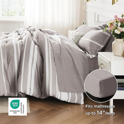 Bedsure King Comforter Set 7 Pieces, Taupe Striped Bedding Set for All Seasons, Reversible, Cationic Dyeing Bed in a Bag with Comforter, Sheets, Pillowcases & Shams