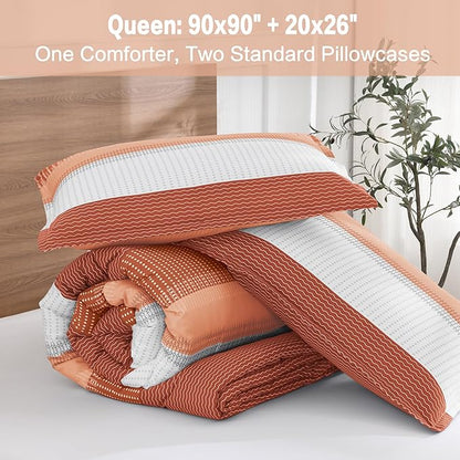 Litanika Burnt Orange Comforter Sets for Queen Bed, 3 Pieces Boho Terracotta Stripe Colorblock Bedding Comforter Set, Rust Fluffy Bed Set (90x90In Comforter, 2 Pillowcases)