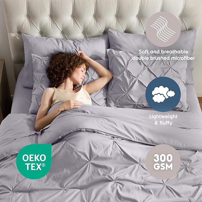 Nestl Full Size Comforter Set 7 Piece - Pinch Pleated Bedding Sets Full Grey Lavender, All Season Bed in a Bag Full Size Bed Set, Full Size Bed Sheets and Comforter Set with Pillowcases and Shams