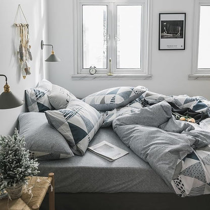 mixinni Queen Comforter Sets Men Modern Style Gray Blue Triangle Bedding for Boys Teen Gilrs Geometric Comforter Bed Fluffy,1 Soft Comforter and 2 Pillow Shams-Queen Size