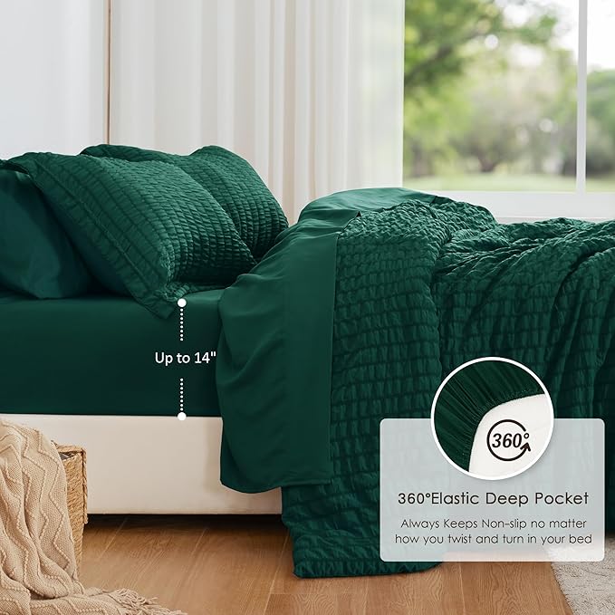 Love's cabin Seersucker Dark Green Twin XL Comforter Set, 5-Piece All Season Lightweight Bed in a Bag Bedding Set with Comforter, Flat Sheet, Fitted Sheet, Pillowcase and Sham | Soft, Breathable, Lightweight