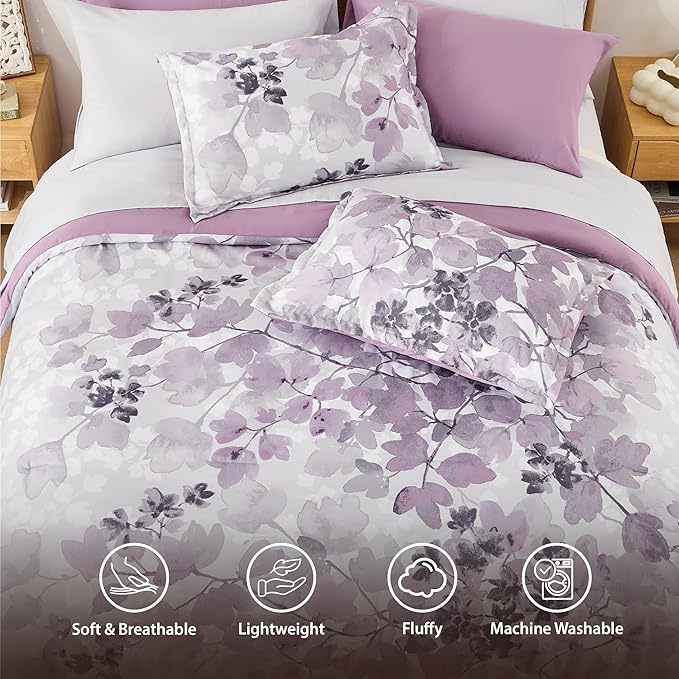 King Comforter Set Purple Bed Set, 9 Pieces Cute Floral Bedding Set Ultra Soft Botanical Flowers Comforter, Sheets, Pillowcases & Shams