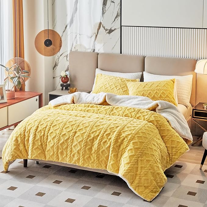 Joyreap 3-Piece Fluffy Faux Fur Sherpa Comforter Set, Queen Size Luxury Tufted Bedding Comforter Set, All Season Soft n Cozy Plush Comforter Bed Set- Yellow, 88x88 inches