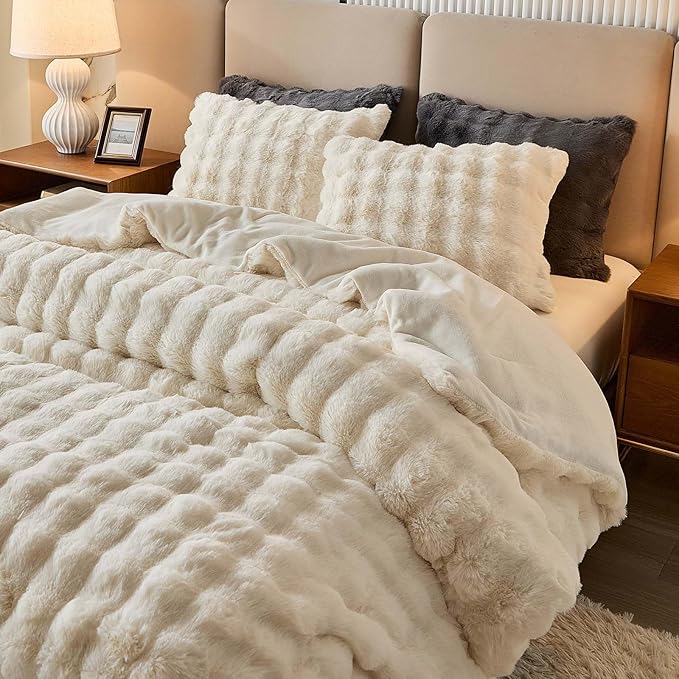 Queen Faux Rabbit Fur Comforter Set - 3 Pieces Fluffy Bedding Set Ultra Soft Warm Shaggy Winter Flannel Bed Set, Luxury Skin Friendly Sherpa Comforter Set & Pillow for Thanksgiving Beige Cream White