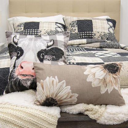 Donna Sharp 2-Piece Augusta Cow and Floral Farmhouse Themed Decorative Throw Pillow Set - Pillows for Couch, Sofa, Beds, and Chairs - Includes 18" x 18" Square & 12" x 22" Rectangular Pillows