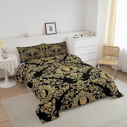 Feelyou Adults Golden Vintage Damask Floral Comforter Set Oriental Antique Comforter King Size Gothic Bohemia Boho Bedding Set Exotic Sugar Skull Duvet Set Quilt Set 3Pcs