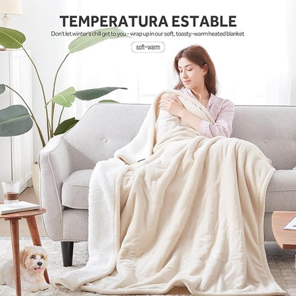 Heated Blanket Electric Blanket King Size Soft Flannel Sherpa, 6 Heat Levels Fast Heating, 2 to 10 Hours Auto-Off Detachable Controller Machine Washable, Beige 100"x90"