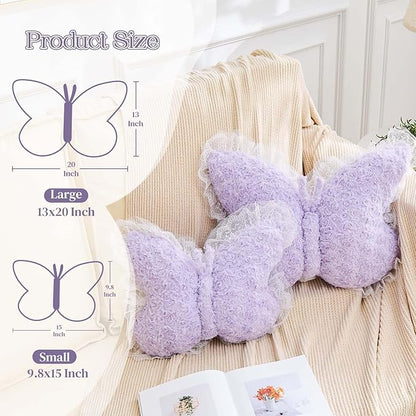 Butterfly Pillow Lavender Decorative Pillows 15" Butterfly Shaped Cute Throw Pillows with Lace Aesthetic Bow Plush Cushion for Room Decor Bed Sofa Couch