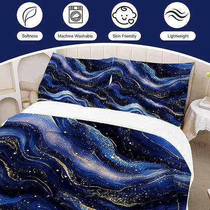 Luxury Navy Blue Gold Comforter Set Queen Size for Kids Women Men Royal Blue Gold Marble Bedding Set Abstract Goled Lines Bed Set Blue Galaxy Agate Quilt Set with 1 Comforter + 2 Pillowcases